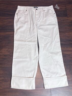 Falls Creek Women’s 16 Cream Tan Cropped Casual Pants Logo Button NWT